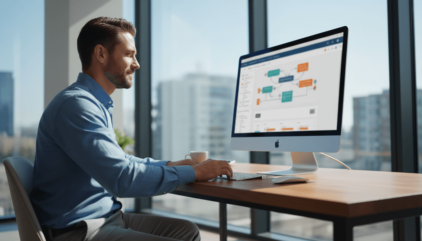 Roofing business owner reviewing automated lead management dashboard on desktop computer